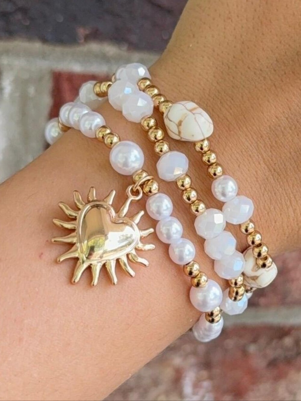 Gold Sun Heart Bead Bracelet Stack